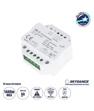 GloboStar® 73126 SS-C SKYDANCE AC RF 2.4Ghz & Push Switch 1 Κανάλι AC 100-240V 1 x 6A 1440W - Max 6A 1440W - IP20  Μ5.2 x Π5.2 x Υ2.6cm - 5 Χρόνια Εγγύηση